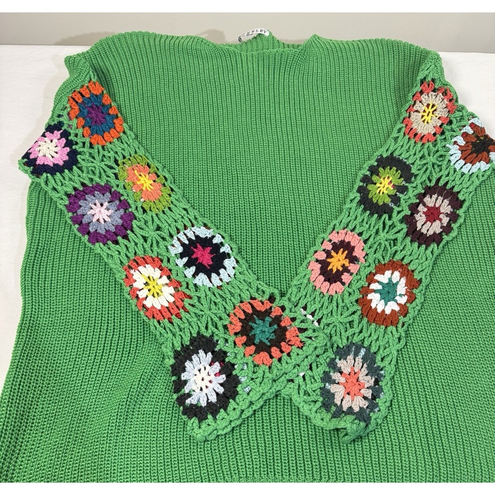 Blakeley Kelly Green Knit Crochet Sleeve Sweater Small Medium Women's Boho - Picture 5 of 6